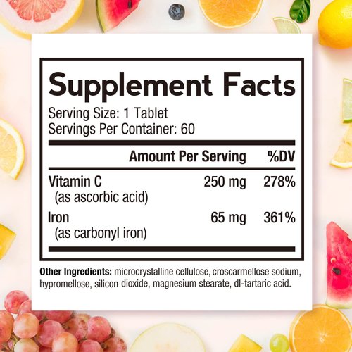 Doctor's Recipes Iron Supplement 65 mg with Vitamin C - Maximized Absorption & Stomach Friendly Iron Pills for Red Blood Cells Formation, Heart, Brain & Immunity Health - Vegan Non-GMO 60 Iron Tablets