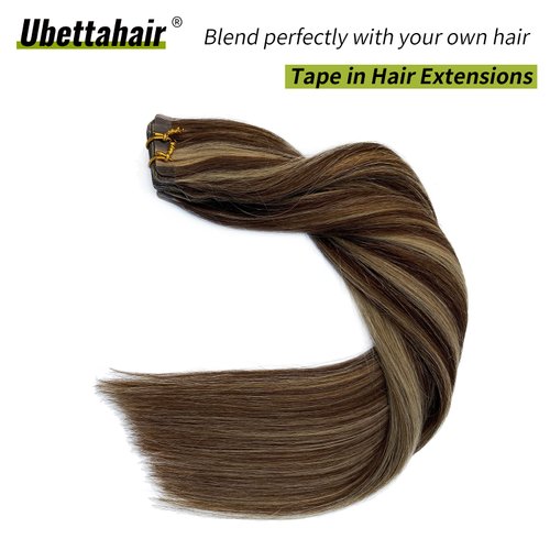 Real Hair Extensions Tape in Chocolate Brown to Caramel Blonde Highlights Human Hair Extensions20 Pieces 22 Inch 60 gram Skin Weft Hair Extensions Seamless Silk Remy Hair Tape on Extensions