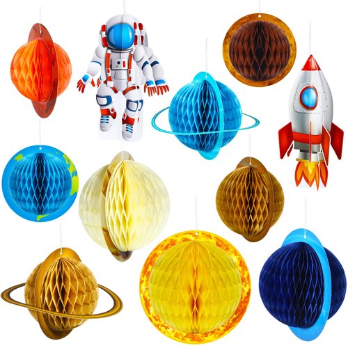 11 Pieces Outer Space Party Decorations Solar System Hanging Decorations Galaxy Planet Honeycomb ...