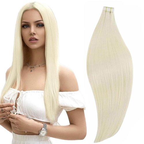 RUNATURE 24 Inch Human Hair Tape in Extensions Blonde Long Tape in Extensions Real Hair Brazilian Remy Tape in Hair Extensions Skin Weft #60 Platinum Blonde Glue in Hair Extensions Soft 50g 20pcs