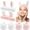 YISSION 6Pcs Face Wash Headbands and Wristbands Set Bunny Ears Headbands Spa Headband Makeup Headband Skincare Headbands with Wristbands for Women Girls Washing Face(Pink White)