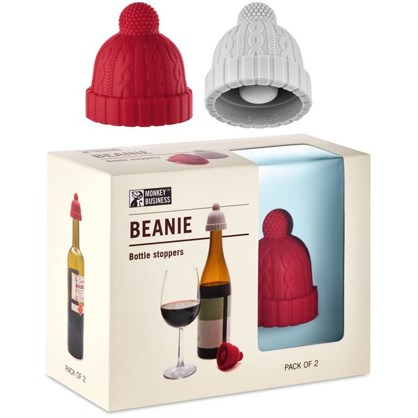 Monkey Business Beanie Wine Stopper | 2 Wine Stoppers in 1 Pack | Cute Wine Accessories | Fun Kitchen Gadgets | Wine Stoppers for Wine Bottles | Knit-Beanie-Shaped Wine Bottle Stopper w/a Pom-Pom