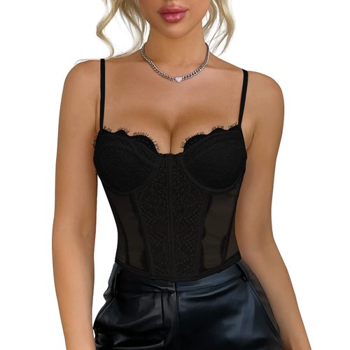 Women's Lace Mesh Bustier Fish Boned Sheer Spaghetti Straps Going Out Corset Crop Top with Underwire