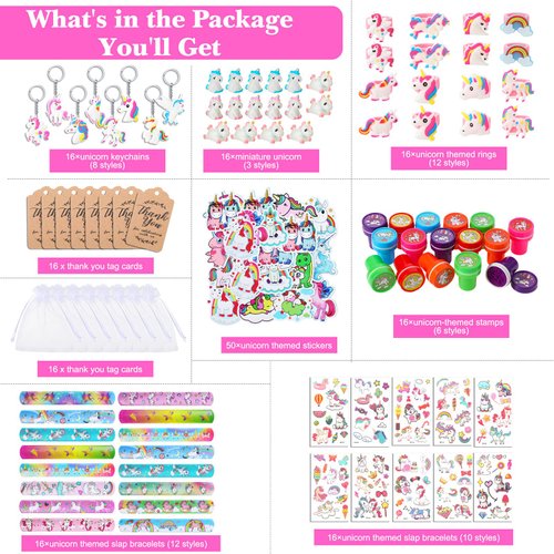 Hungdao 178 Pcs Unicorn Birthday Party Favors for 16 Kids with Keychain Sticker Stamp Ring Slap Bracelet Tattoo Sticker Gift Bag Tag for Unicorn Girl Party Carnival Gift Fillers