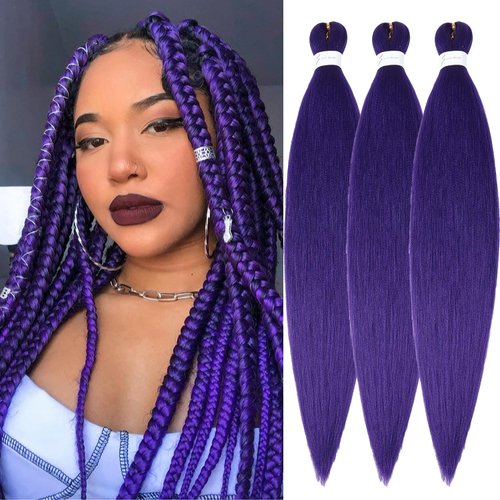 Purple Braiding Hair Pre Stretched 32inch 3 Packs Braiding hair Extensions Synthetic Crochet Braids, Hot Water Setting Professional Soft Yaki Texture. (32inch(3Packs),Purple#)