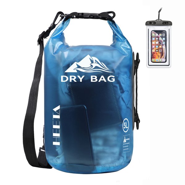 HEETA Dry Bag Waterproof for Women Men, Roll Top Lightweight Dry Storage Bag Backpack with Phone Case for Travel, Swimming, Boating, Kayaking, Camping and Beach (Transparent Blue, 20L)