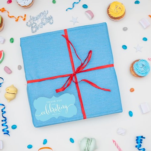 Andaz Press Fancy Frame Rectangular Label Stickers, Thank You for Celebrating with Us, Baby Blue, 36-Pack Wedding Decorations, Wedding Favors, Stickers for Packaging, Party Favor