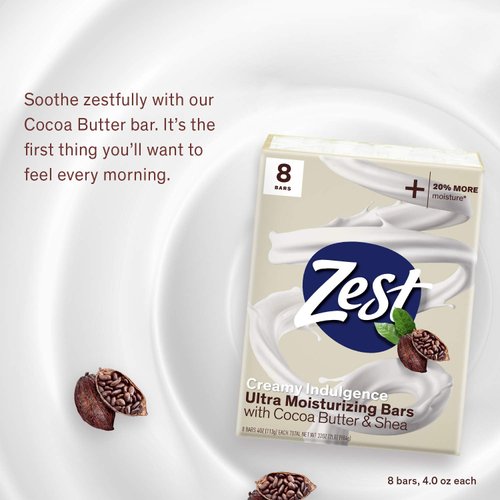 Zest Bar Soap - 8 Bars - Enriched With Cocoa Butter And Shea for Ultra Moisturizing Cleansing - Leaves Your Body Feeling Silky Smooth And Deeply Moisturized