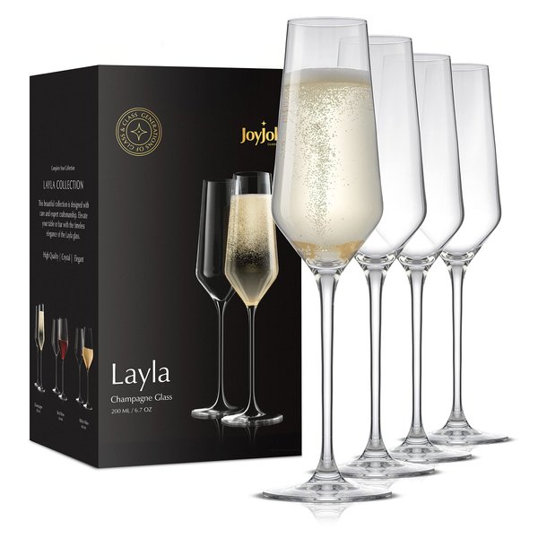 JoyJolt Champagne Flutes – Layla Collection Crystal Champagne Glasses Set of 4 – 6.7 Ounce Capacity – Ideal for Home Bar, Special Occasions – Made in Europe