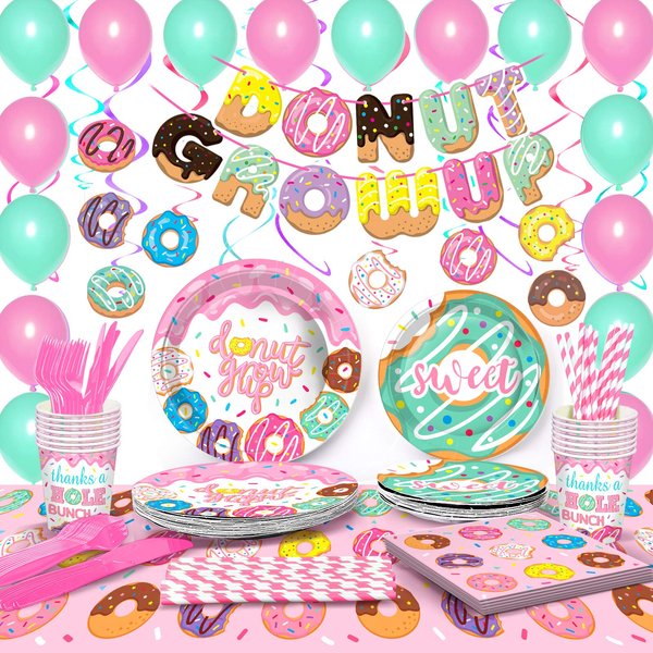 TMCCE 151PCS Donut Party Supplies Kit,Donut Grow Up Birthday Party Supplies Donut Paper Plates,Cups,Napkins, Straw,Donut Swirls and Balloons for Donut Party, Pusheen party, Baby Shower-Serves