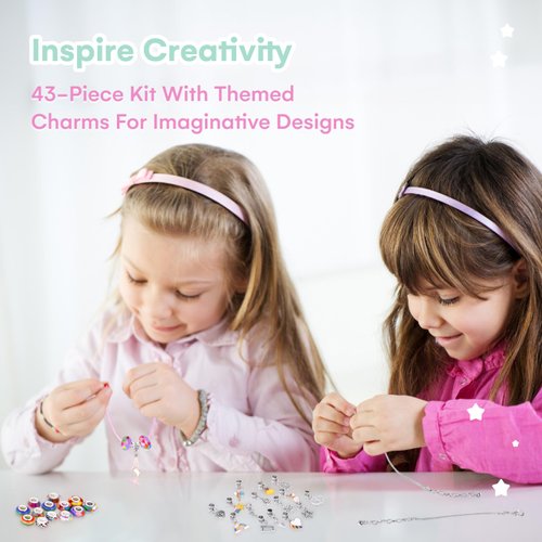Jewelkeeper Bracelets Kits for Kids - Jewelry Making Kits for Girls - Unicorn Pink Rainbow Snap Bead Crafts - DIY Charm Bracelets, and Necklace Supplies Gift Set - 43 pcs Plastic & Metal Charms