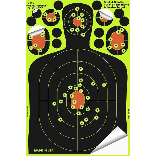 Splatterburst Targets - 12 x18 inch - Stick & Splatter Adhesive Silhouette Shooting Target - Shots Burst Bright Fluorescent Yellow Upon Impact - Gun - Rifle - Pistol - AirSoft - Air Rifle (10 pack)