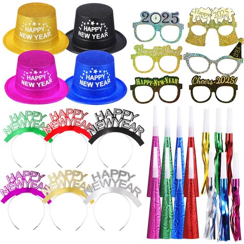 Sratte 36 Pcs 2025 New Years Party Kit, 4 Colors New Year Eve Hats 12 Pcs New Years Eve Noisemakers 6 Pcs New Year Eyeglasses 6 Pcs Headband Tiaras 8 Pcs Blowing Horns for Party New Year Eve Favors