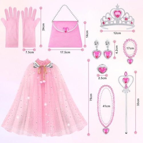 AOMIG 11PCS Princess Cape Set, Princess Cape Clothes With Crown, Wand, jewelry, and bag, Princess Dress Up Clothes for Little Girls, Princess Cape for 3-8Year Old Halloween Christmas Birthday Gifts
