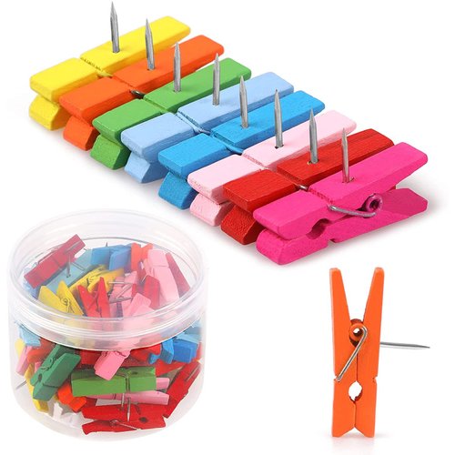 50 PCS Colorful Push Pin with Wooden Clips, Durable, Decorative Pushpins Tacks Thumbtacks for Cork Board Artworks Notes Photos, Craft Projects, Offices and Homes (8 Colors)
