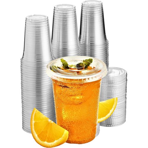 Green Direct 16 oz. Disposable Cups With Lids | Clear Plastic Cups With Lids | Iced Coffee Cups For Bubble Boba Tea | Cup and Flat Lid For Cold Drinking & Smoothie 50 Sets