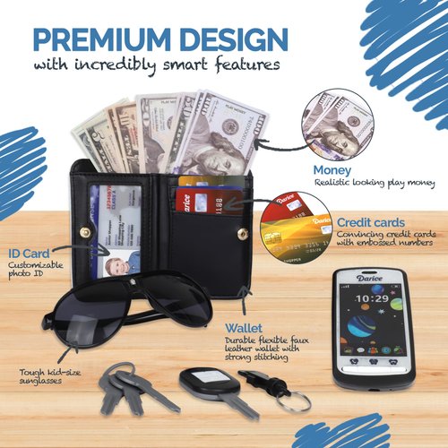 Darice Fanny Pack Phone Wallet Purse Set for Boys - Pretend Play Toy Money Wallet Set for Kids - Kids Fanny Pack Playset with Toy Wallet, Money, Keys, Credit Card, Phone, Glasses and More