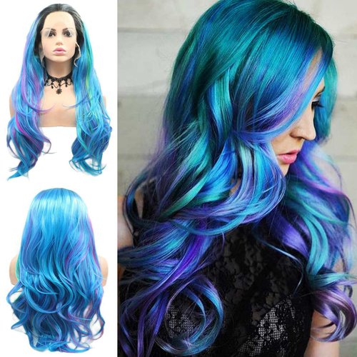 AFBeauty Lace Front Wig Highlight Blue Purple Colorful Wavy Ombre Wigs for Women Lace Frontal Pink Green Wig Synthetic Heat Resistant Natural Loose Wave Glueless Lace Wig 24 Inch Daily Party Cosplay