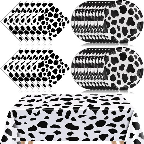 121 Pcs Cow Print Birthday Party Supplies,60 Cow Print Plates And 60 Cow Print Napkins 1 Cow Print Tablecloth,Farm Animal Barn Party Supplies Set for Cow Farm Theme Birthday Party Decorations