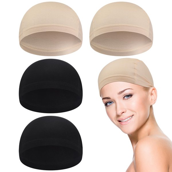 Janmercy 4 Pcs Bamboo Fiber Wig Cap Bamboo Wig Liner Cap for Women Hairloss Elastic Breathable Bald Cap Under Wigs (Black, Beige)