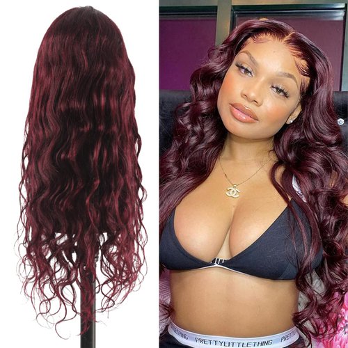 Miz Barn Lace Frontal Wigs 13X4X1 Human Hair Body Wave Wig Pre Plucked Lace Front Wigs Human Hair Brazilian Virgin Hair Lace Frontal Wig with Baby Hair Deep Curly Wigs for Women 24 Inch (BURGUNDY#)