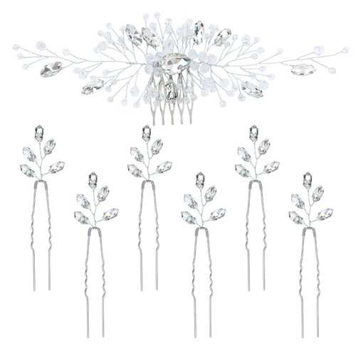 inSowni 7 Pieces Vintage Party Prom Wedding Bridal Silver Bead Crystal Rhinestone Hair Side Combs+U-shaped Hair Pins Bridal Headpieces for Brides Bridesmaids Women Girls