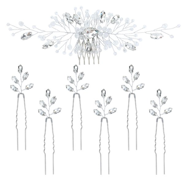inSowni 7 Pieces Vintage Party Prom Wedding Bridal Silver Bead Crystal Rhinestone Hair Side Combs+U-shaped Hair Pins Bridal Headpieces for Brides Bridesmaids Women Girls