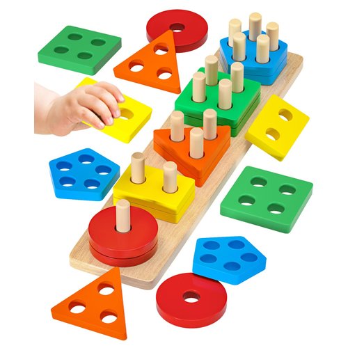 SmileBank Montessori Toys for 1 2 3 Year Old Boys Girls, Wooden Sorting & Stacking Toys Gifts Color Recognition Shape Sorter Preschool Learning Educational Puzzles