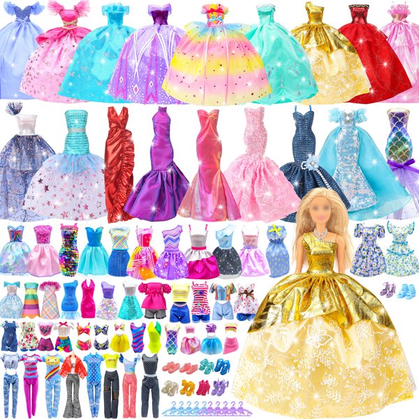 Style Shine 50 Pack Doll Clothes and Accessories, 4 Wedding Gowns 2 Evening Dresses 6 Fashion Dresses 6 Set Casual Outfits Top and Pant 2 Swimsuit Bikini, 20 Hanger 10 Shoe Toys for Girl Birthday Gift