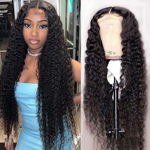 ObeyHeart Deep Wave Middle Part HD Transparent Lace Front Wigs Human Hair Natural Black Color 180% Density Brazilian Human Hair Wigs for Black Women Curly Lace Front Wig Human Hair(24 Inch)