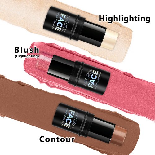 3Pcs Cream Contour Stick Makeup Kit, Shades with Highlighter Stick, Blush Stick and Bronzer Contour Stick for Sculpt the Cheeks, Long Lasting, Waterproof, Matte & Dewy Finish (LIGHT)