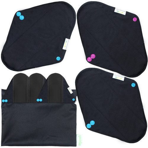 wegreeco Charcoal Reusable Menstrual Pads - Reusable Sanitary Pads | Reusable Panty Liners | Soft Cloth Menstrual Pads - 6 Pack with 1 Cloth Mini Wet Bag (Medium, Black)
