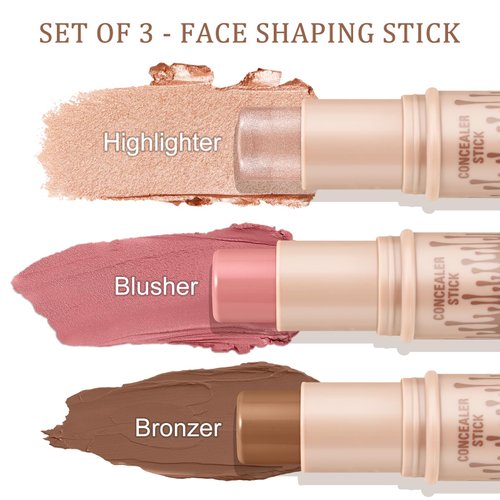 Boobeen 3 Pcs Contour & Highlighter & Blush Stick, Contour Beauty Kit, Creamy Smooth Contouring Stick, Natural Highlighting Stick, Waterproof and Long Lasting Makeup