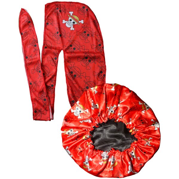 Anime Durag and Silk Bonnet 2pcs Set for Men Women, Silky Design Satin Fabric Comfort Compression, Red Skull