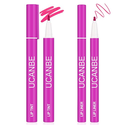 UCANBE 2pcs Matte Lip Tint Stain Set, 1 Lip Stain & 1 Lip Liner Pencil, Long Lasting Waterproof Lightweight Non-sticky Liquid Lipstick for Women & Girl (06 BRIGHT PINK)