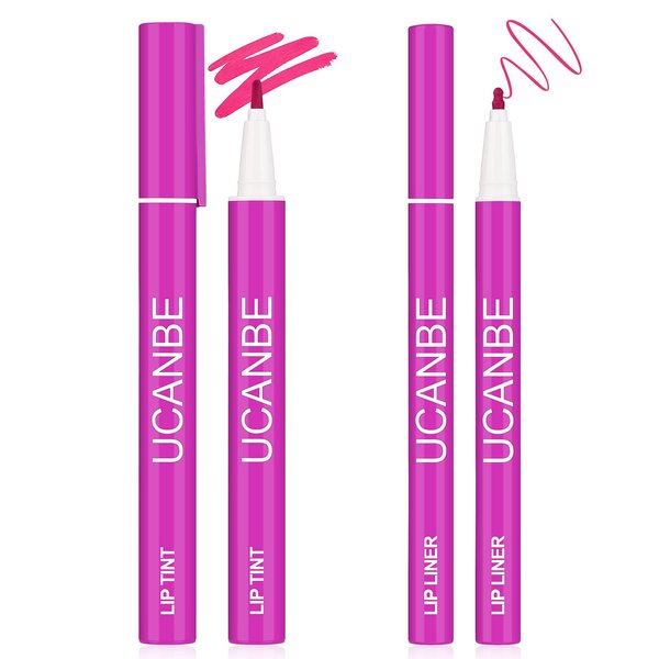 UCANBE 2pcs Matte Lip Tint Stain Set, 1 Lip Stain & 1 Lip Liner Pencil, Long Lasting Waterproof Lightweight Non-sticky Liquid Lipstick for Women & Girl (06 BRIGHT PINK)