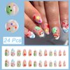 Almond Fake Nails Cute Press on Nails with Rainbow Flower Cloud Frog Cherry Design French Tip Nails Summer Glue on Nails Medium Length Acrylic Nails Cartoon False Nails with Glue for Women Girls 24Pcs