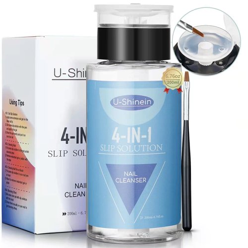 U-Shinein 200ml Nail Slip Solution, 4-in-1 Poly Nail Gel Slip Solution Poly Nail Extension Gel Liquid Slip Solution Builder Gel, Nail Cleaner Liquid Nail Polish Remover with Nail Brush Nail Art