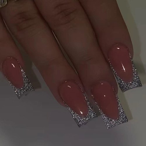 DANMANR Pink Press on Nails French False Nails Art Full Cover Acrylic Square Fake Nails for Women and Girls 24PCS