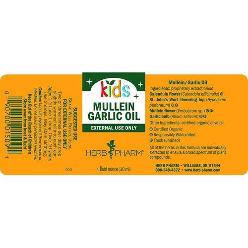 Herb Pharm Kids Mullein and Garlic Oil, 1 Fl Oz, Calendula, Garlic, Mullein, St. John's Wort, Olive Oil
