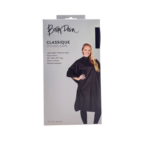 Betty Dain Classique Cutting/Styling Cape, Stylish, Lightweight Iridescent Fabric, Water-Resistant, Machine Washable Nylon for Durability, Snap Neck Closure, Black, 45 Inches Wide x 60 Inches Long