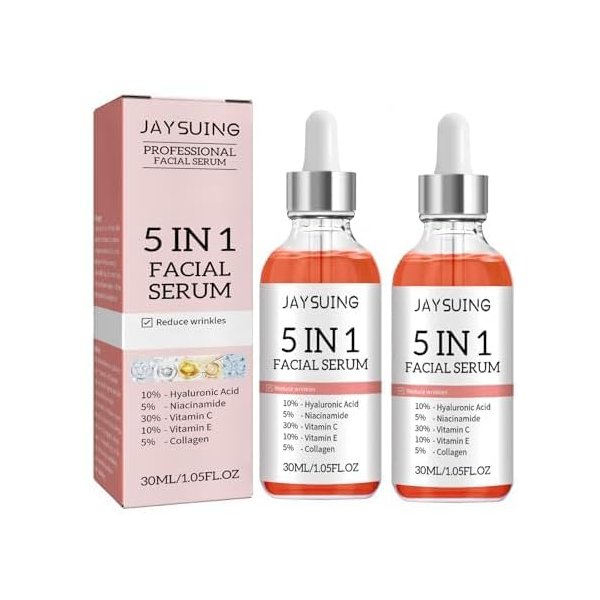 5 in 1 Facial Serum, Hydrating Collagen Facial Serum, 30% Vitamin C Face Serum, Moisturizing and Nourishing Anti Aging Reduces Wrinkles with Niacinamide, Hyaluronic Acid, Vitamin E
