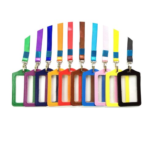 YTYKINOY 10 Pieces Vertical Style Faux Leather Business Id Credit Card Badge Holder Clear Pouch Case with Long Neck Strap Band Lanyard (33.5 Inch Full Round Length) (10 Color)