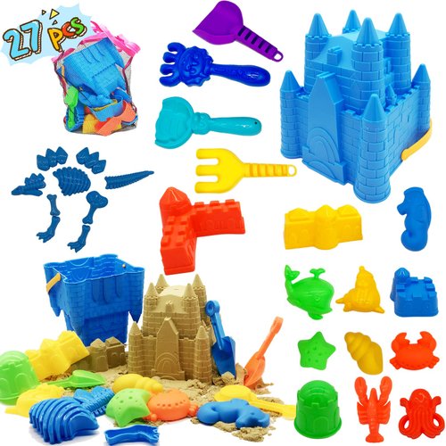 Beach Sand Toys for Kids, 2024 27pcs Beach Toys Castle Molds Sand Molds, Beach Bucket, Beach Shovel Tool Kit, Sandbox Toys for Toddlers, Beach Accessories Outdoor Indoor Play Gift