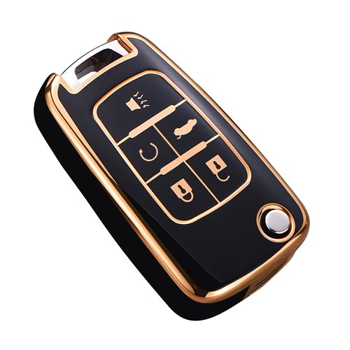 Cacacar for Chevy Key Fob Cover, Premium TPU Full Protection Key Fob Case for Chevrolet Equinox Camaro Cruze Malibu Sonic Buick Terrain (5 Buttons Black)