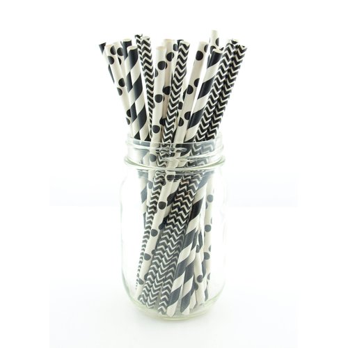 Black Wedding Straws Combo Pack, Bubble Tea Straws, Long Drinking Straws, Retro Graduation Paper Straws (75 Pack) - Black Striped, Polka Dot & Zig Zag Party Straws
