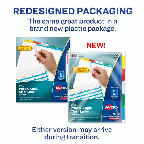Avery 5 Tab Dividers for 3 Ring Binder, Easy Print & Apply Clear Label Strip, Index Maker Customizable Multicolor Tabs, 5 Sets (11418)