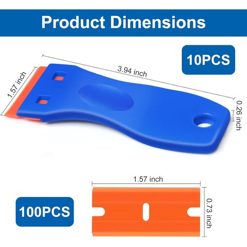10 Pcs Razor Scraper with 100 Pcs Plastic Blades, Plastic Razor Blade Scraper Tool, Cleaning Scraper Remover for Removal Floor Stove Scraping Labels and Decals Sticker on Car Window Glass