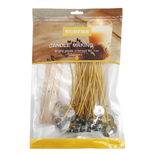Nuozme 50 Pcs 6" Natural Candle Wicks,Pre-Waxed by Natural Beeswax & Tabbed with 60Pcs Candle Wick Stickers and 5 Pcs Wooden Candle Wick Centering Device, for Candle Making，Candle DIY
