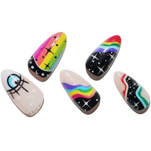 GLAMERMAID Press on Nails Medium Almond, Halloween Gothic Black with Rainbow Galaxy Glue on Gel Nails, 24Pcs Short Stiletto Acrylic False Nails Kits Reusable Full Cover Stick on Nails for Women Gifts